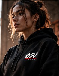 Modell i svart hettegenser med lite OSU-logo foran